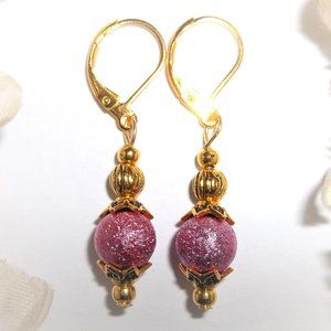 Mauve and Gold Beaded Dangle Earrings Set Pair Fashion Jewelry Accessory 7191